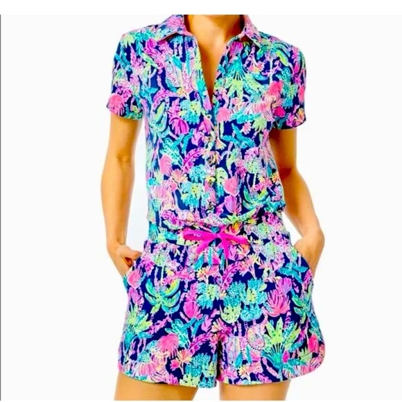 Lilly Pulitzer Jorgie floral Terry cloth romper jumpsuit oyster bay navy - Picture 1 of 11